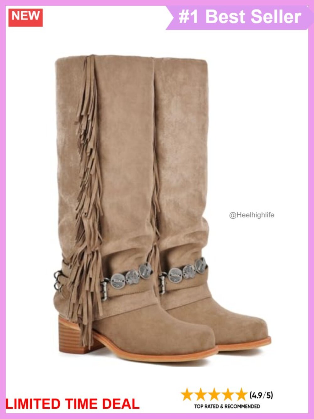 Knee High Riding Boots Fringe Buckle Chunky Heel Suede Fold Over